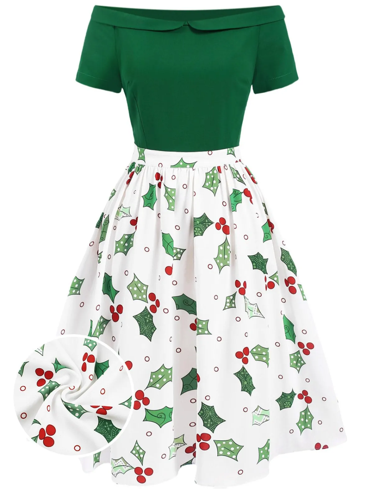 Hot Retro Stage 1950s Off-Shoulder Christmas Patchwork Dress Green