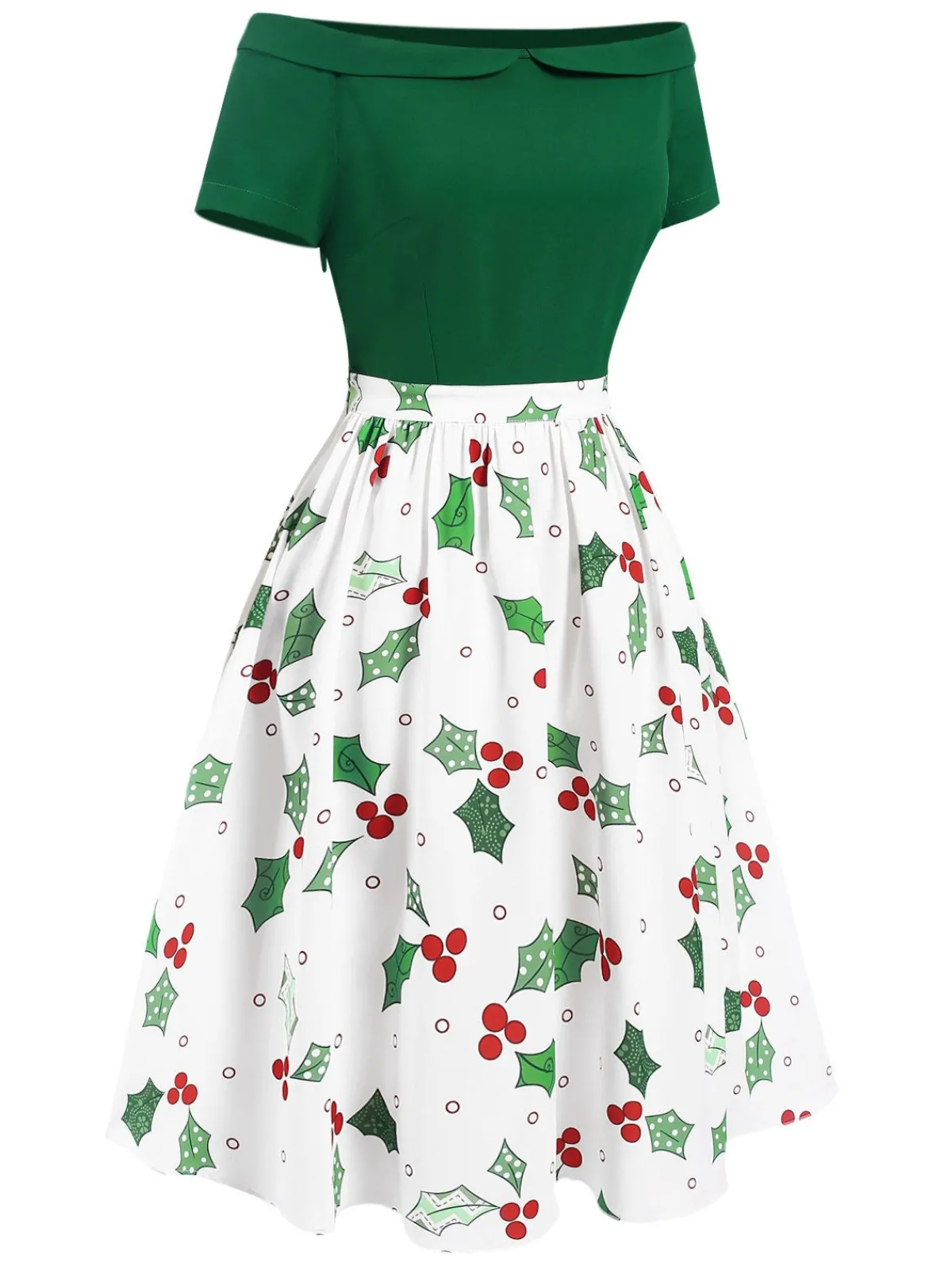 Hot Retro Stage 1950s Off-Shoulder Christmas Patchwork Dress Green