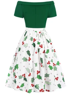 Hot Retro Stage 1950s Off-Shoulder Christmas Patchwork Dress Green