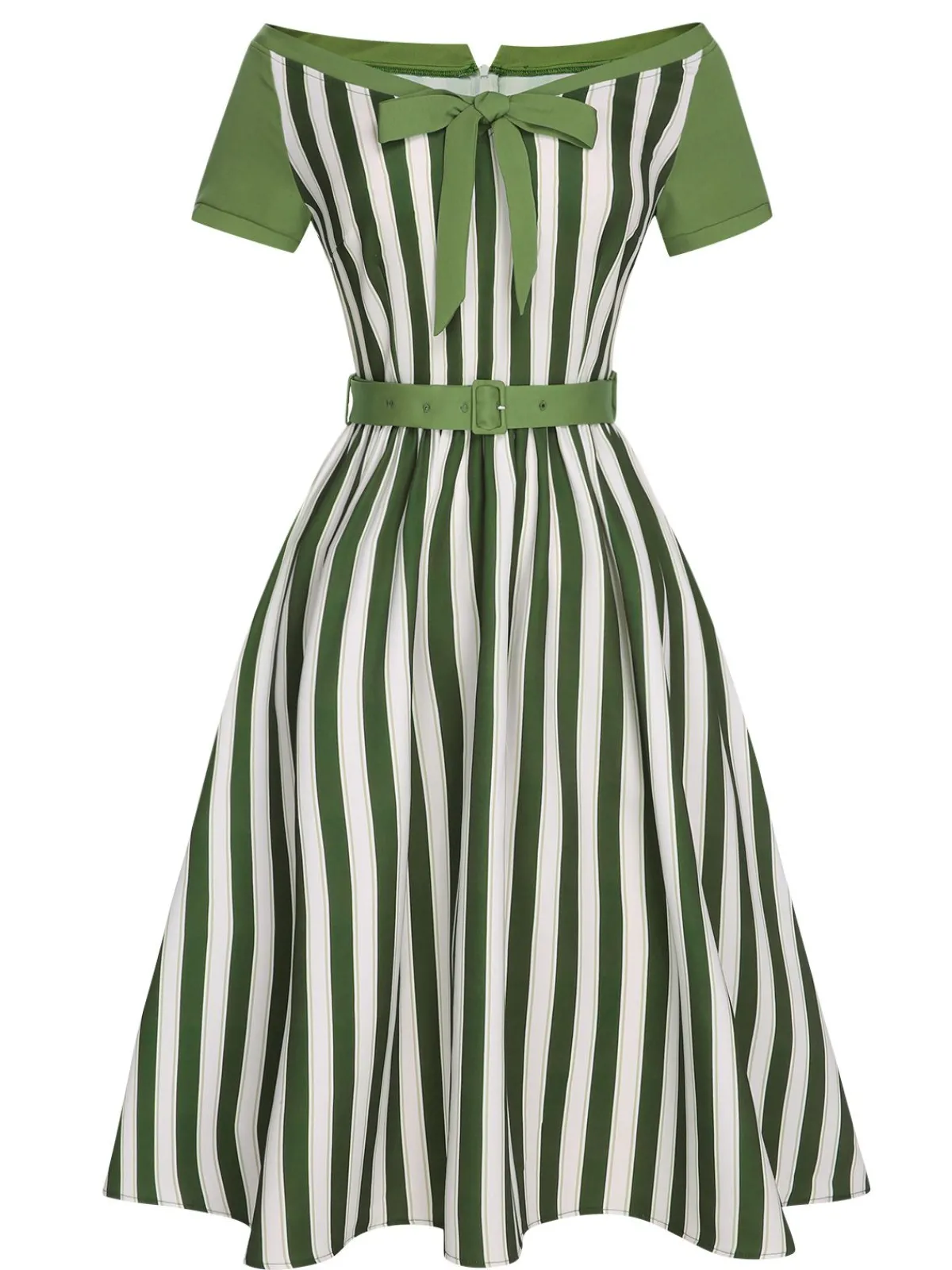 Online Retro Stage 1940s Off-Shoulder Stripes Bow Belted Dress Green