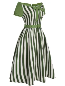 Online Retro Stage 1940s Off-Shoulder Stripes Bow Belted Dress Green