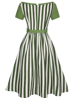 Online Retro Stage 1940s Off-Shoulder Stripes Bow Belted Dress Green