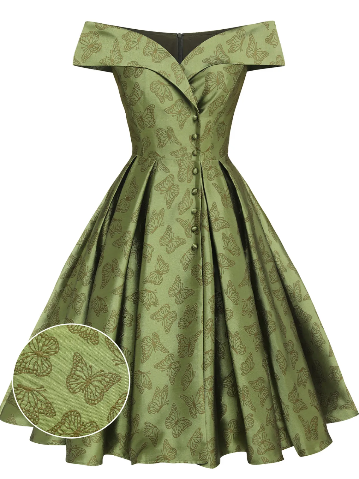 Online Retro Stage 1950s Off-Shoulder Vintage Dress Green