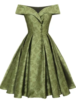 Online Retro Stage 1950s Off-Shoulder Vintage Dress Green