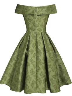 Online Retro Stage 1950s Off-Shoulder Vintage Dress Green