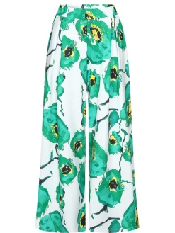 Discount Retro Stage 1970s Oil Painting Floral Wide-Leg Pants Green