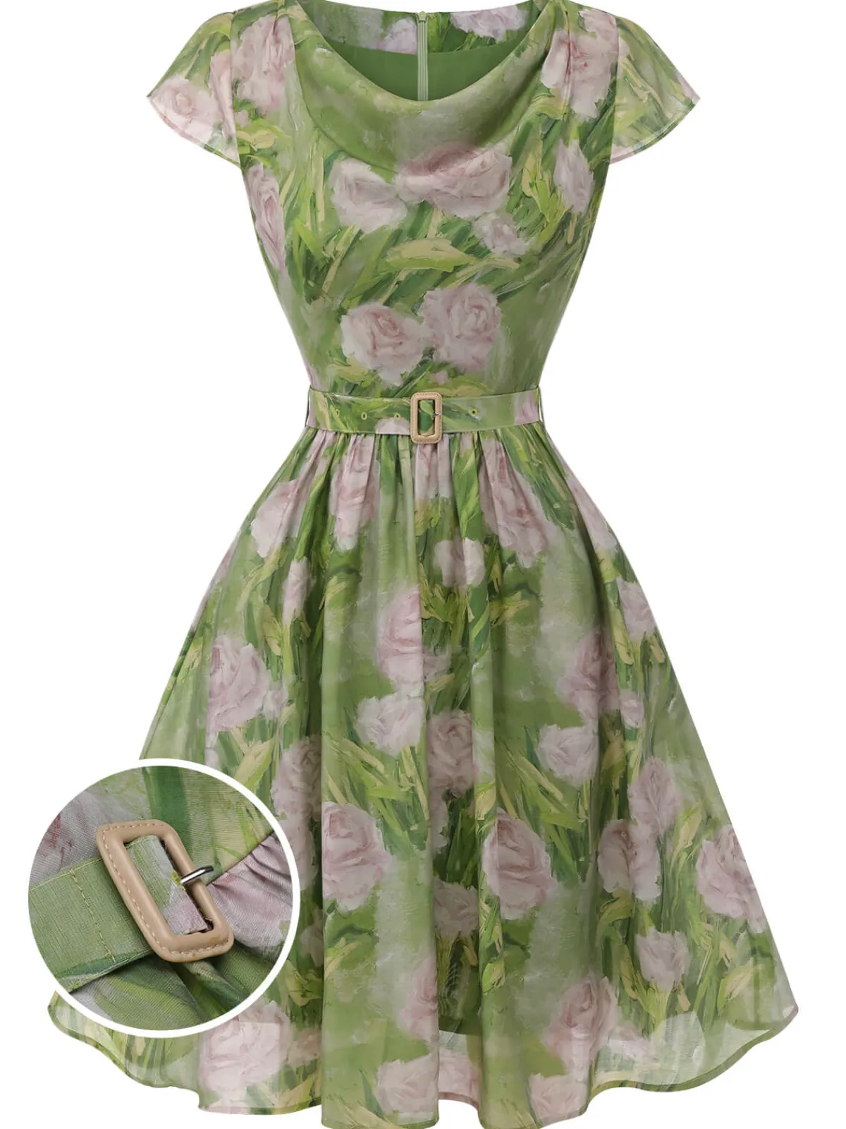 New Retro Stage 1960s Oil-Painting Rose Dress Green