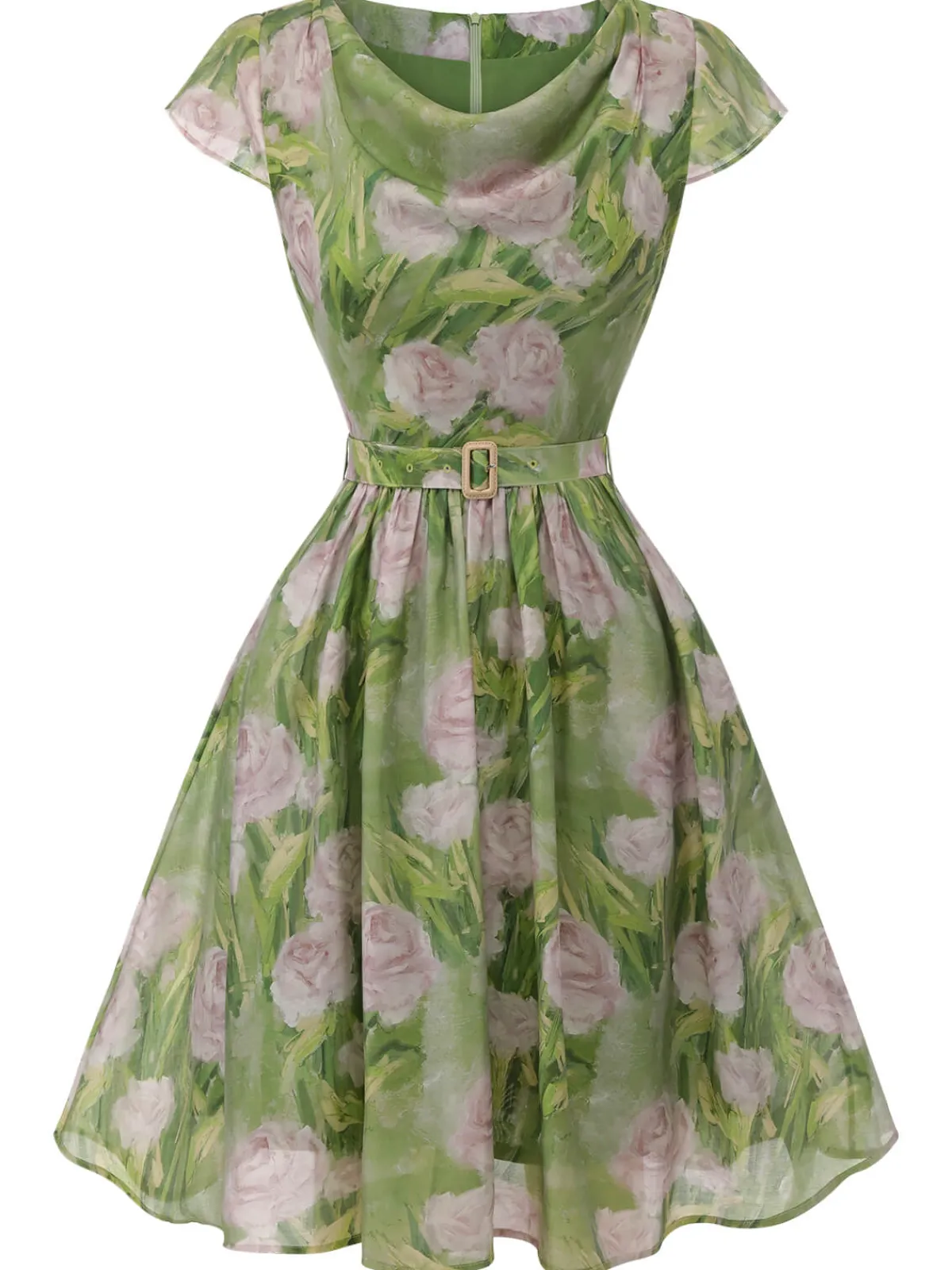 New Retro Stage 1960s Oil-Painting Rose Dress Green