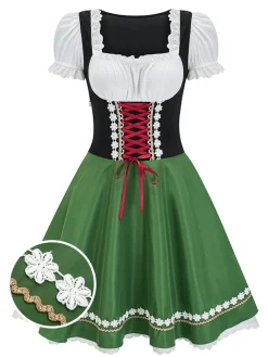 New Retro Stage 1950s Oktoberfest Puff Sleeves Patchwork Dress Green