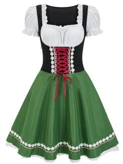 New Retro Stage 1950s Oktoberfest Puff Sleeves Patchwork Dress Green