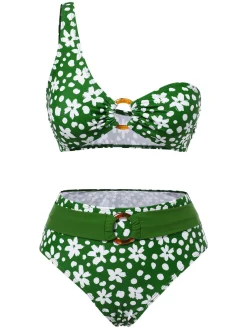 Fashion Retro Stage 1950s One-Shoulder Floral Bikini Set Green
