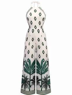 Hot Retro Stage 1930s Palm Trees Halter Jumpsuit Green