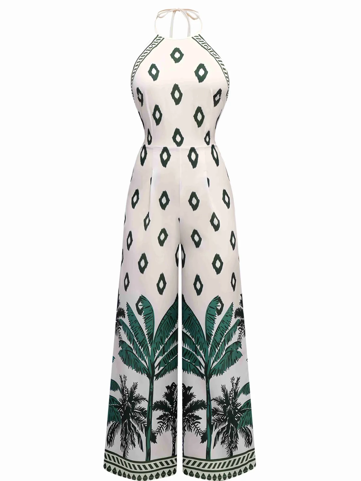 Hot Retro Stage 1930s Palm Trees Halter Jumpsuit Green