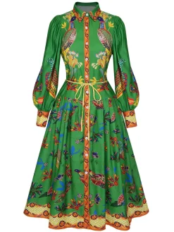 Outlet Retro Stage 1940s Peacock Lantern Sleeve Shirt Dress Green
