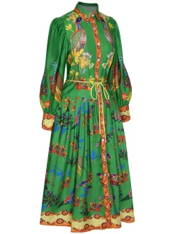 Outlet Retro Stage 1940s Peacock Lantern Sleeve Shirt Dress Green
