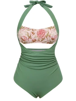 Online Retro Stage 1930s Peony Halter One-Piece Swimsuit Green