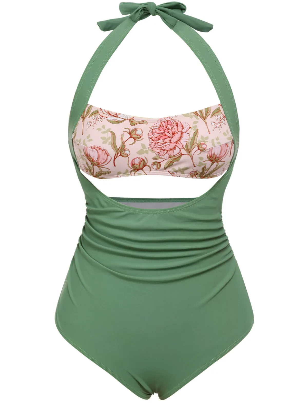 Online Retro Stage 1930s Peony Halter One-Piece Swimsuit Green