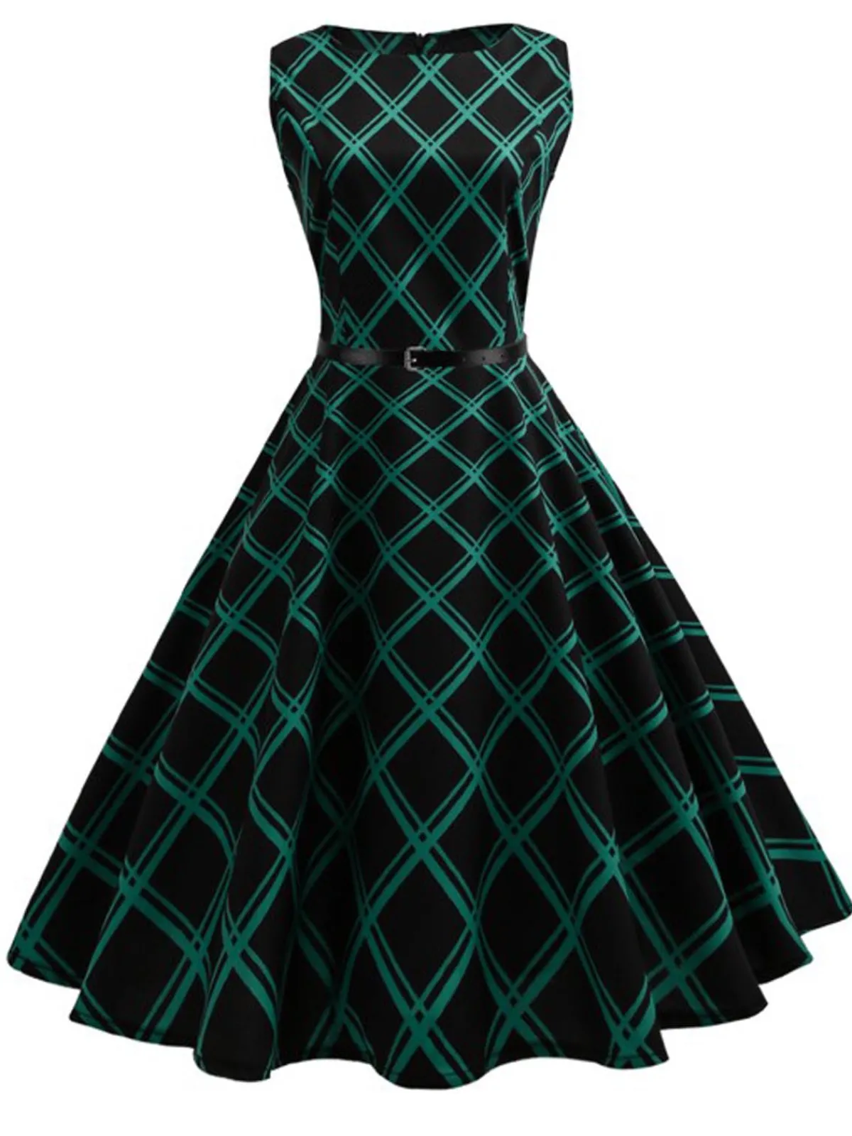 New Retro Stage 1950s Plaid Belted Swing Dress Green