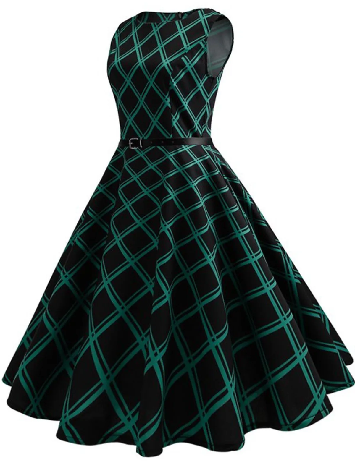 New Retro Stage 1950s Plaid Belted Swing Dress Green