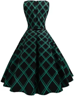 New Retro Stage 1950s Plaid Belted Swing Dress Green