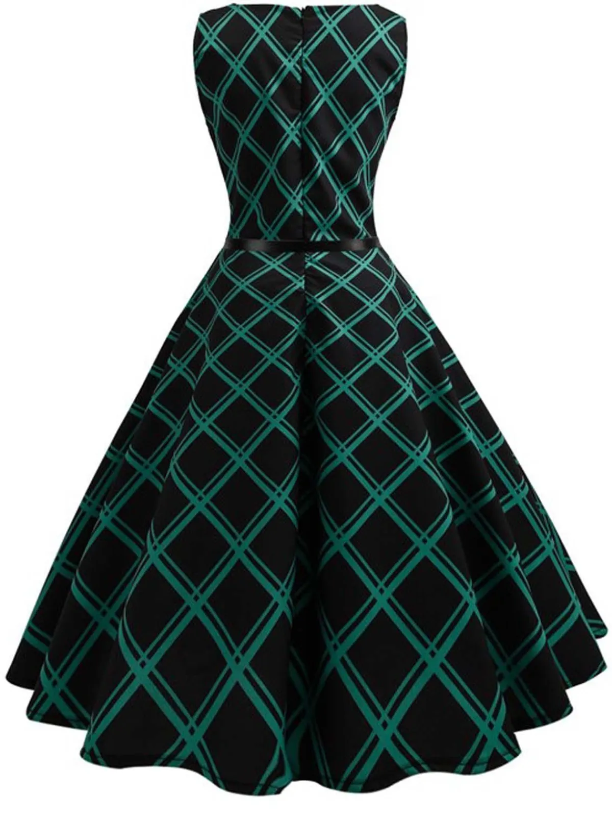 New Retro Stage 1950s Plaid Belted Swing Dress Green