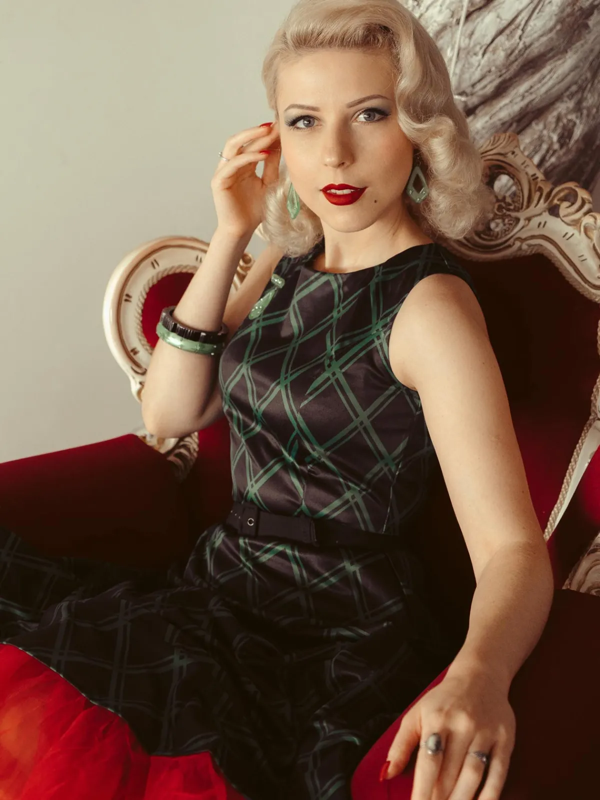 New Retro Stage 1950s Plaid Belted Swing Dress Green