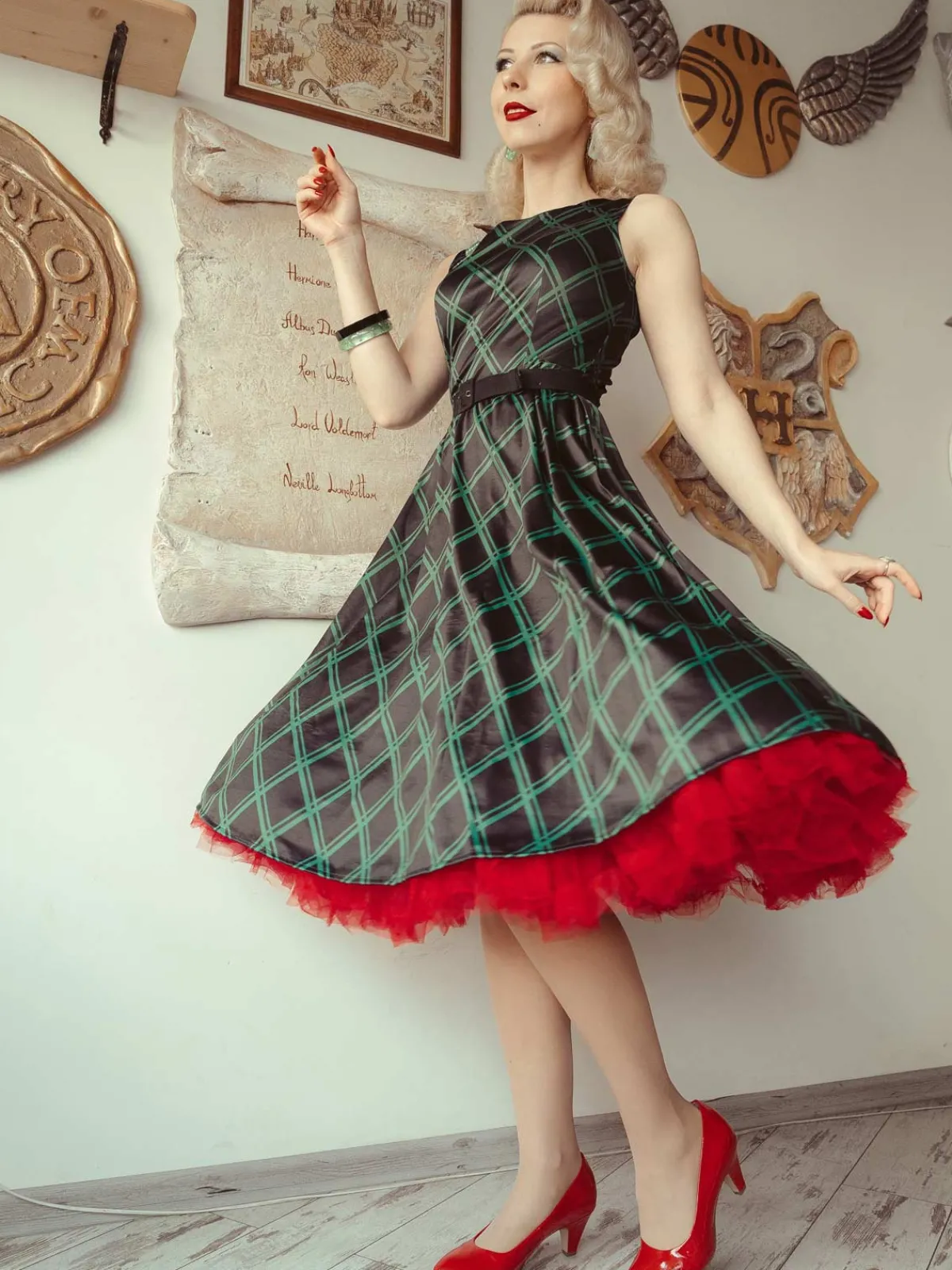 New Retro Stage 1950s Plaid Belted Swing Dress Green