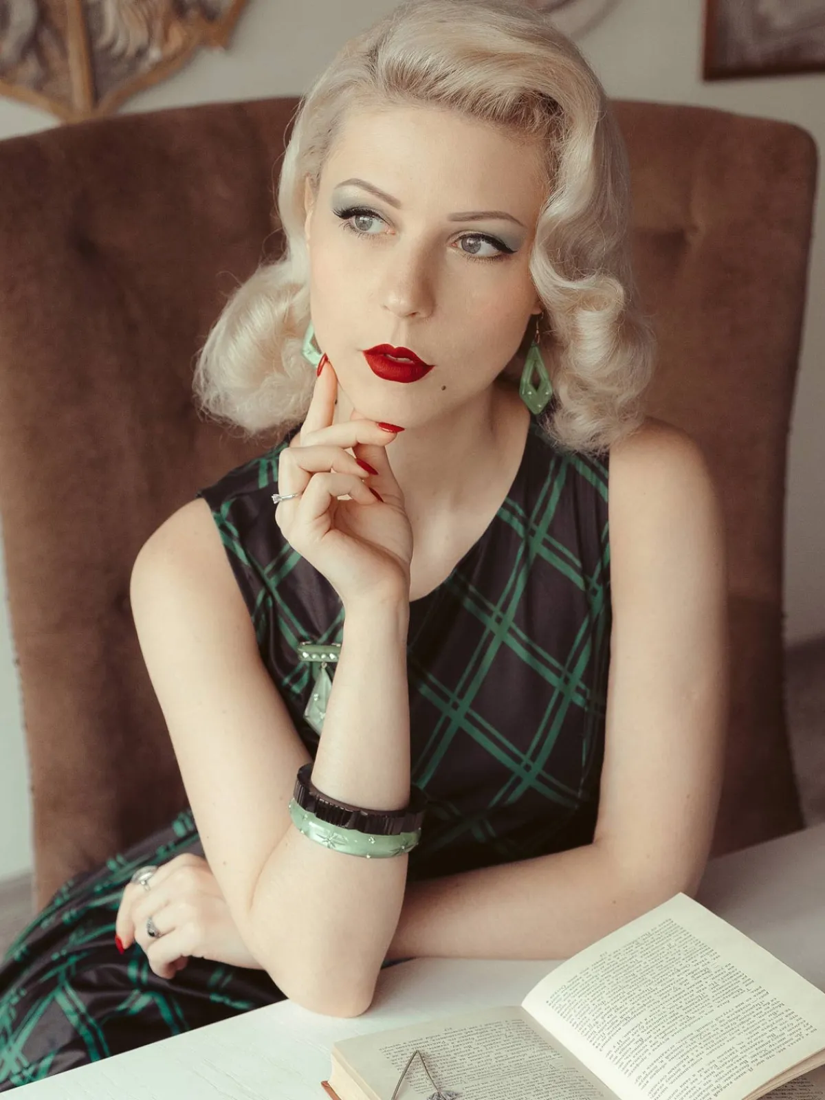 New Retro Stage 1950s Plaid Belted Swing Dress Green