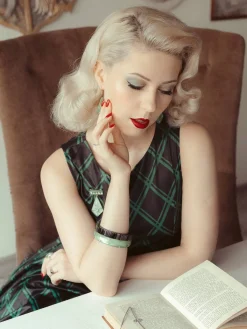 New Retro Stage 1950s Plaid Belted Swing Dress Green
