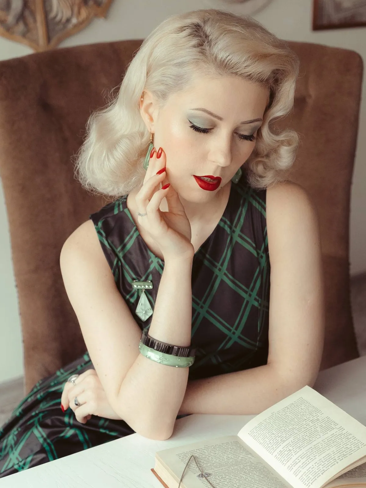 New Retro Stage 1950s Plaid Belted Swing Dress Green