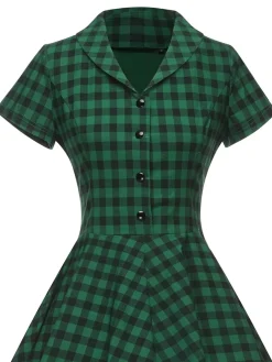 New Retro Stage 1950s Plaid Button Swing Dress Green