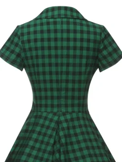 New Retro Stage 1950s Plaid Button Swing Dress Green
