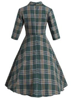 New Retro Stage 1950s Plaid Button Swing Dress Green