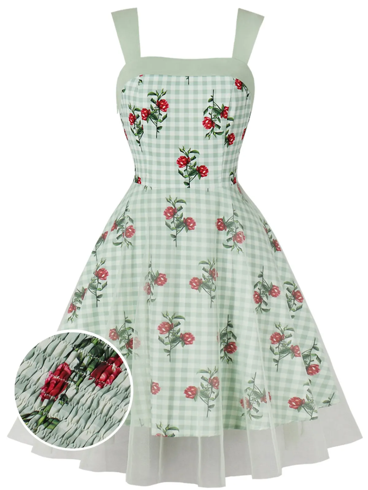 Discount Retro Stage 1950s Plaid Floral Mesh Patchwork Dress Green