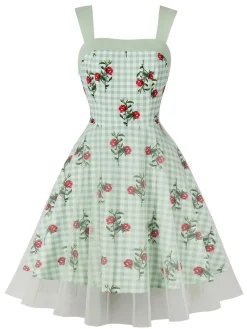 Discount Retro Stage 1950s Plaid Floral Mesh Patchwork Dress Green