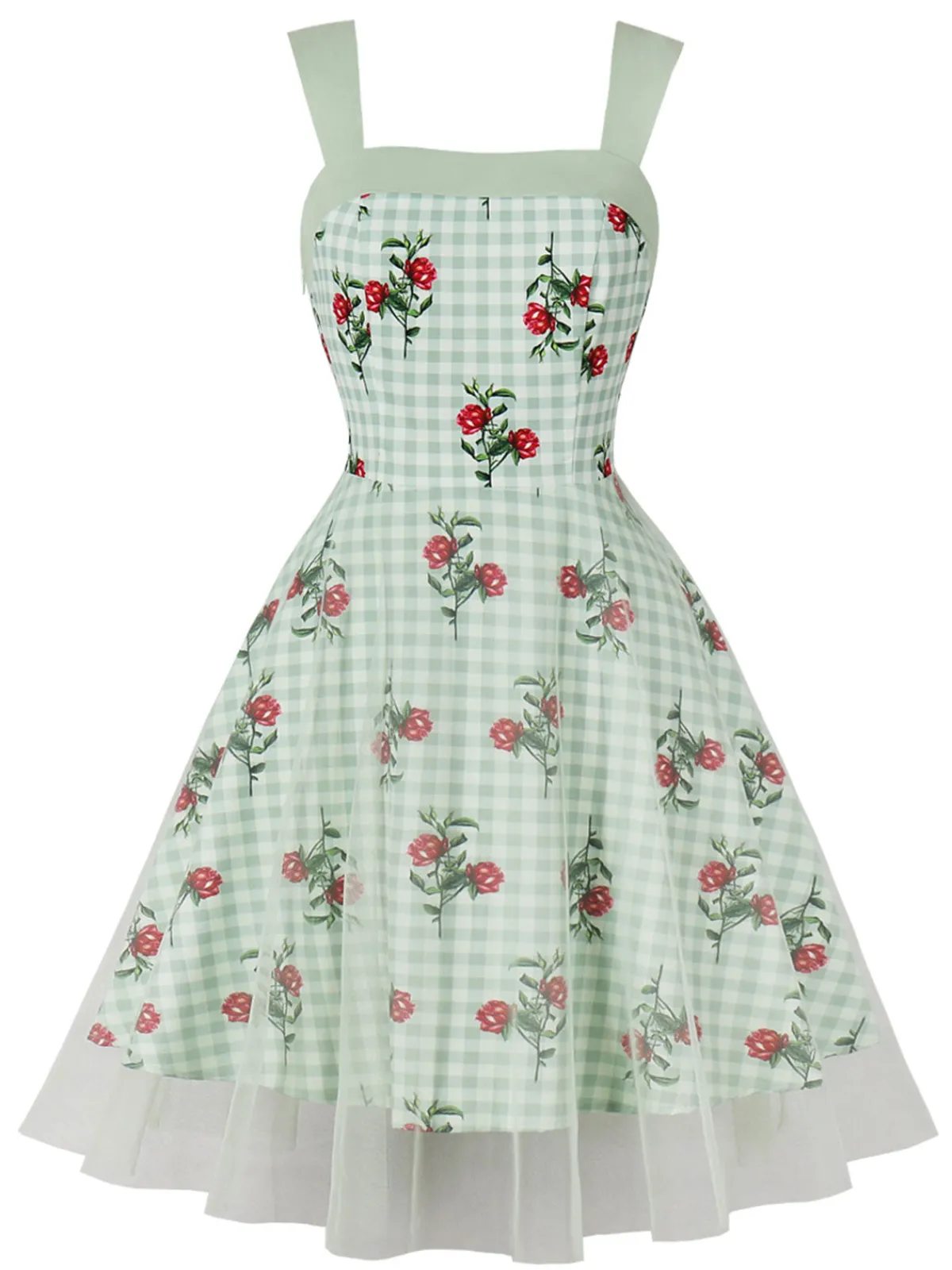 Discount Retro Stage 1950s Plaid Floral Mesh Patchwork Dress Green
