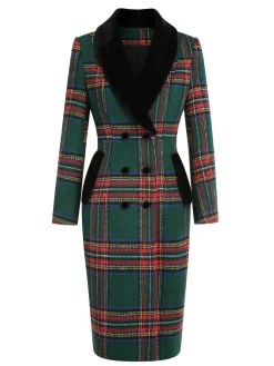 Hot Retro Stage 1960s Plaid Fur Collar Pencil Coat Green