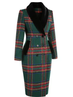 Hot Retro Stage 1960s Plaid Fur Collar Pencil Coat Green