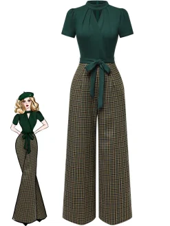 Hot Retro Stage Green 1930s Plaid Keyhole Neck Belted Jumpsuit