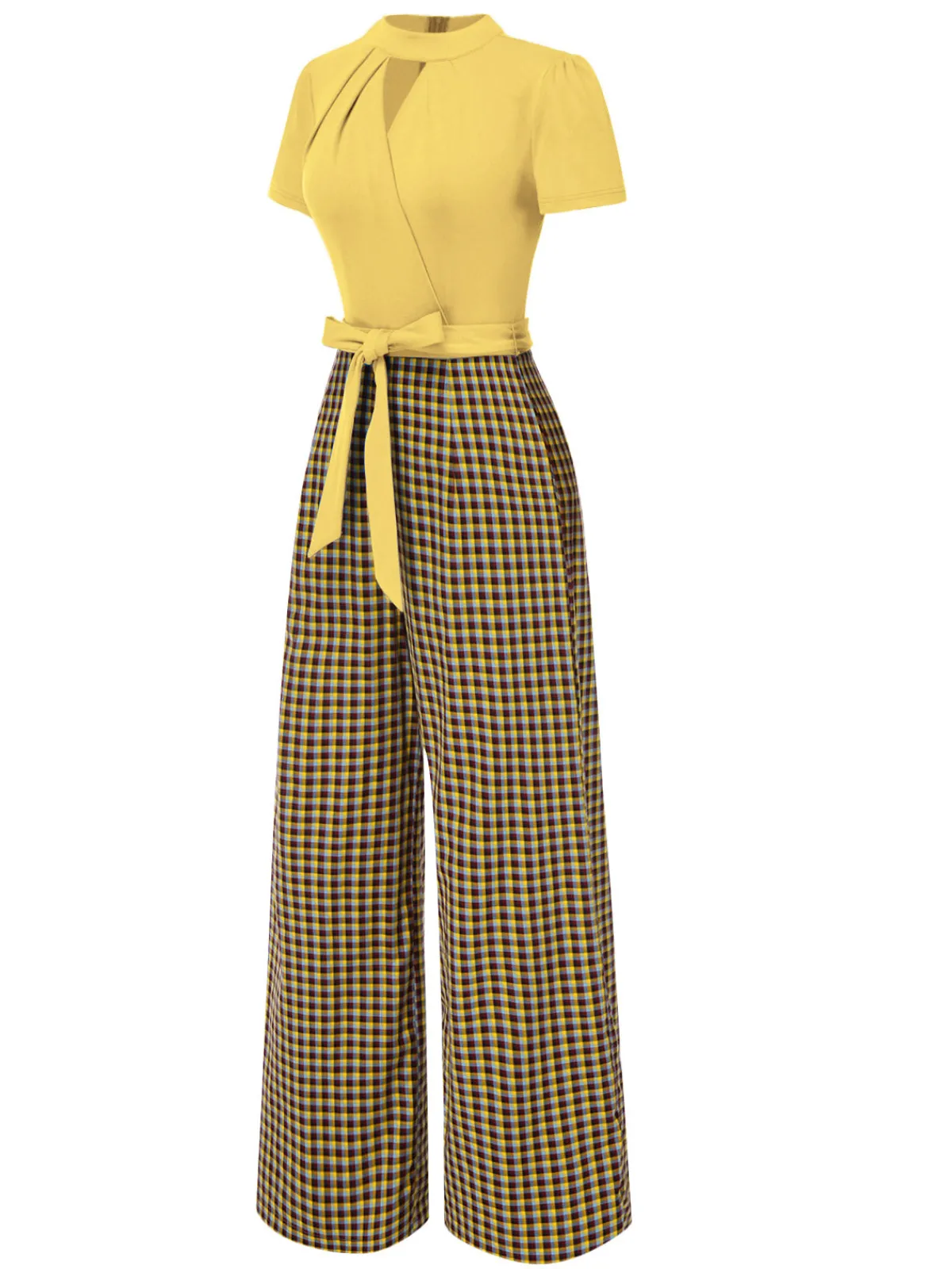 Hot Retro Stage Green 1930s Plaid Keyhole Neck Belted Jumpsuit
