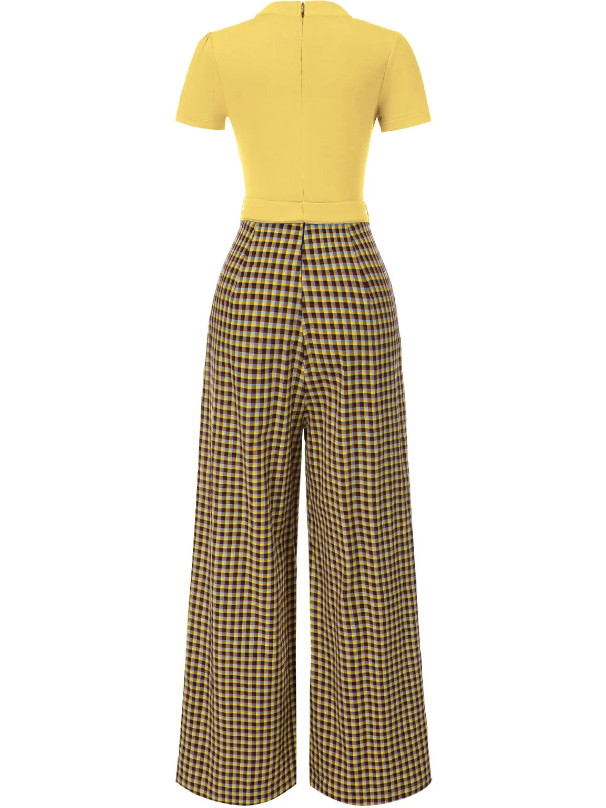 Hot Retro Stage Green 1930s Plaid Keyhole Neck Belted Jumpsuit