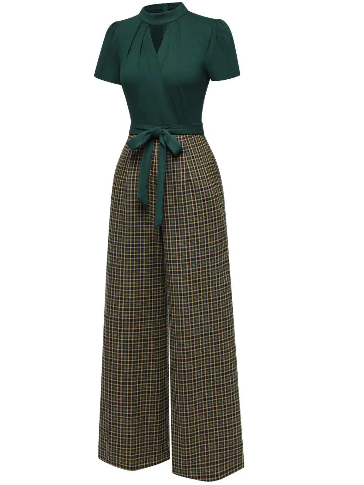 Hot Retro Stage Green 1930s Plaid Keyhole Neck Belted Jumpsuit