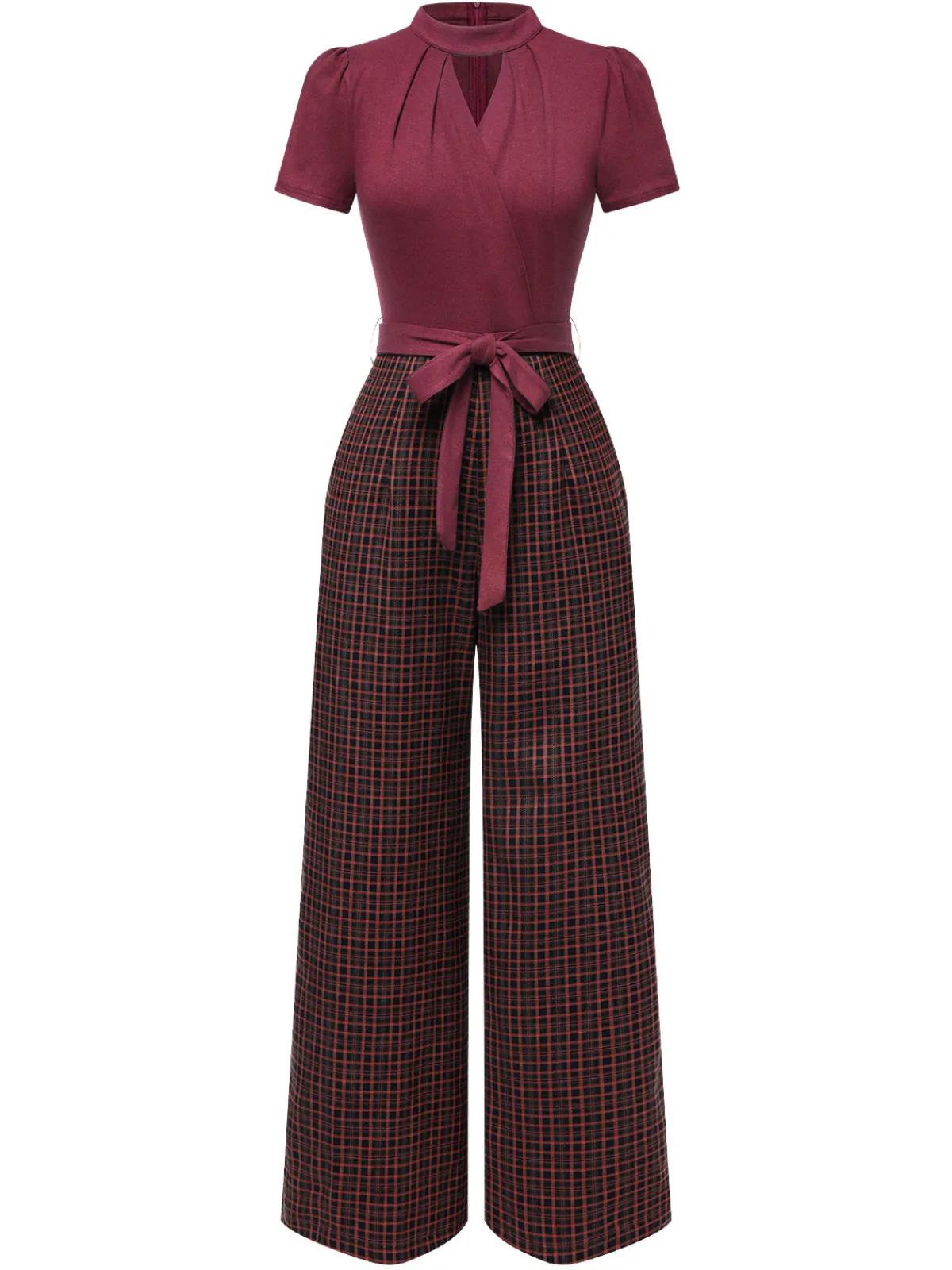 Hot Retro Stage Green 1930s Plaid Keyhole Neck Belted Jumpsuit