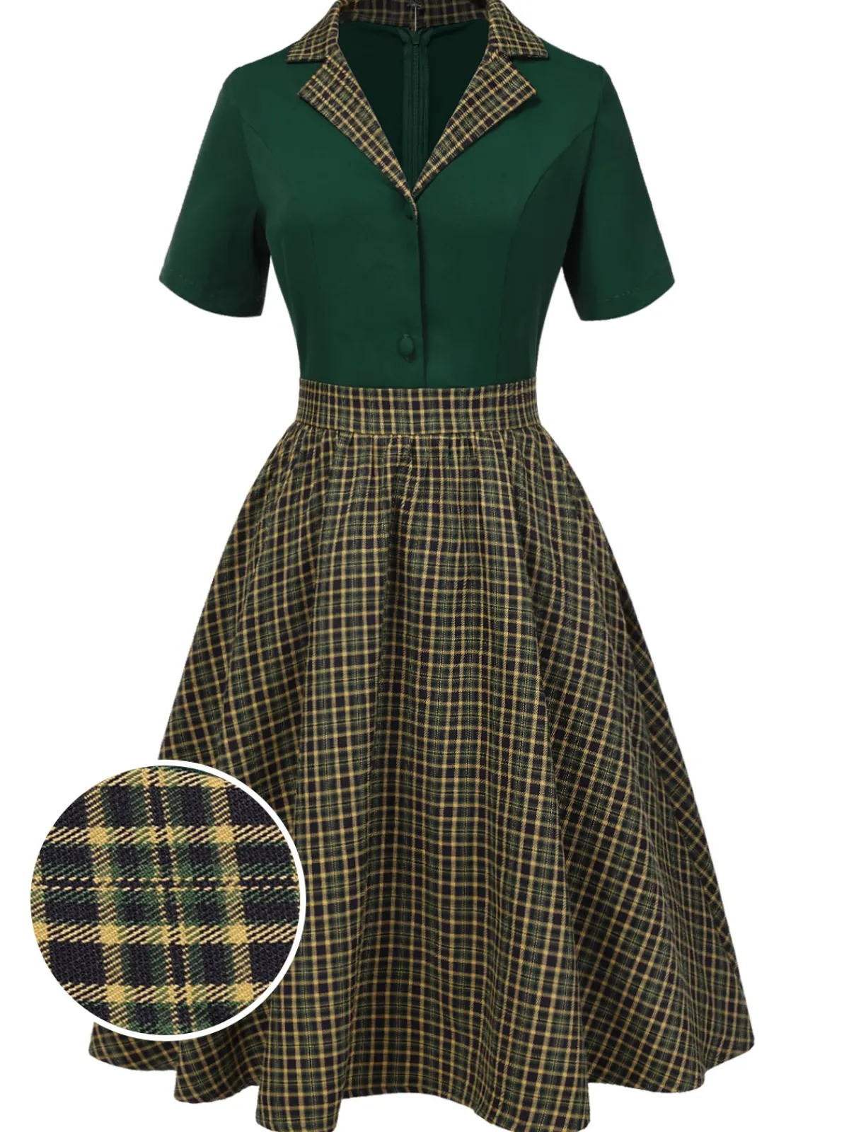 Outlet Retro Stage 1950s Plaid Patchwork Lapel Dress Green