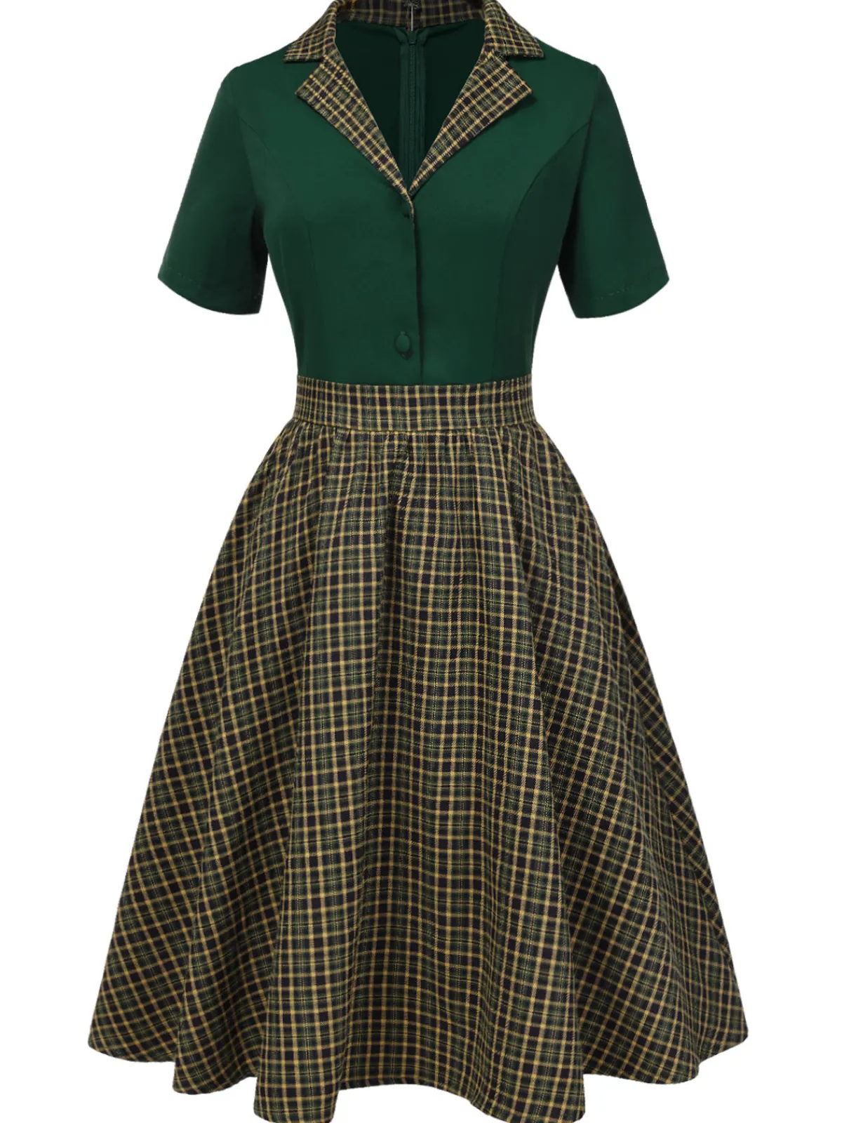 Outlet Retro Stage 1950s Plaid Patchwork Lapel Dress Green