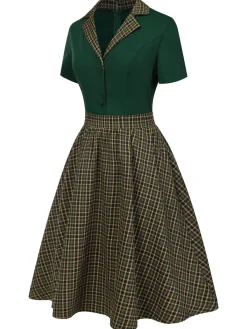 Outlet Retro Stage 1950s Plaid Patchwork Lapel Dress Green