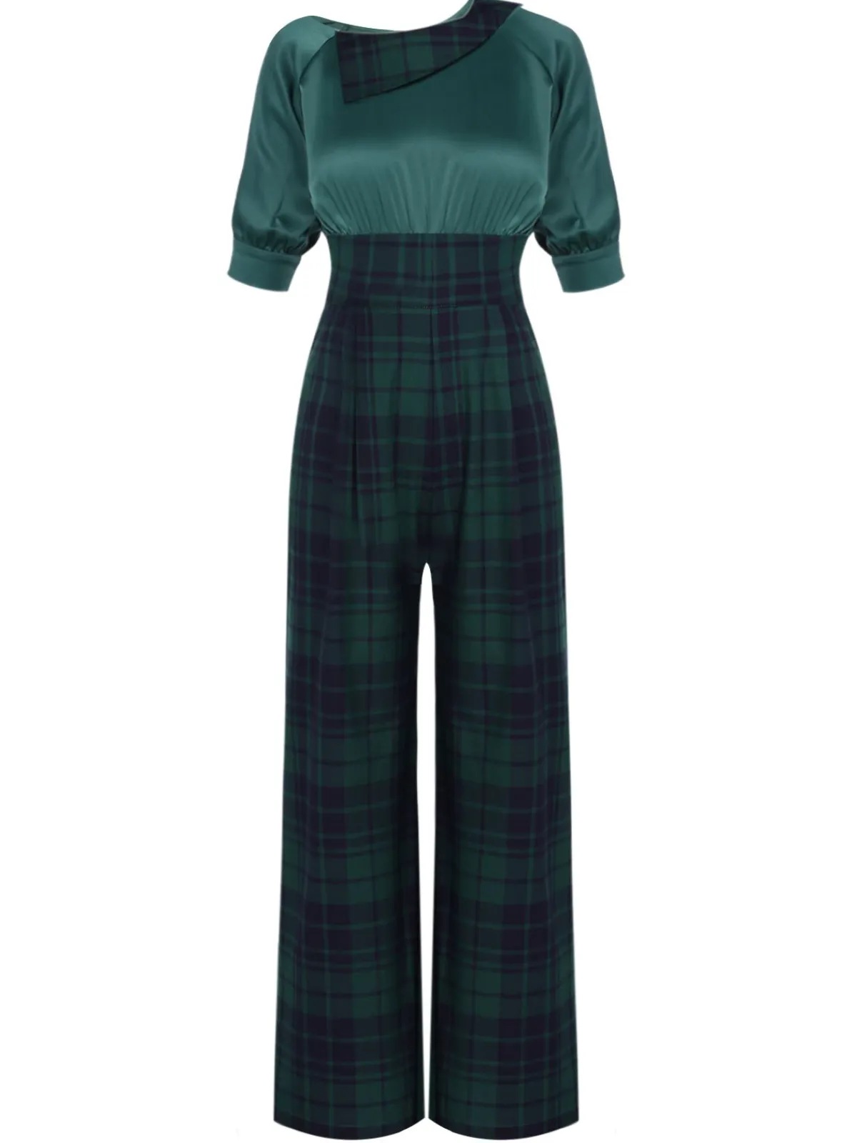 New Retro Stage Green 1930s Plaid Patchwork Puff Jumpsuit
