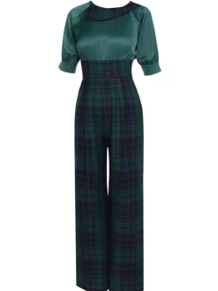 New Retro Stage Green 1930s Plaid Patchwork Puff Jumpsuit