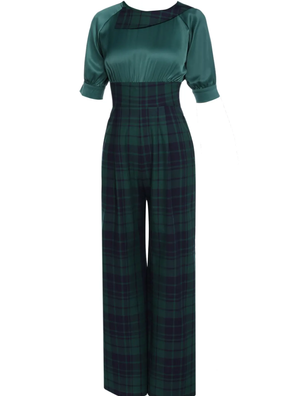 New Retro Stage Green 1930s Plaid Patchwork Puff Jumpsuit