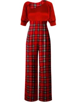 New Retro Stage Green 1930s Plaid Patchwork Puff Jumpsuit